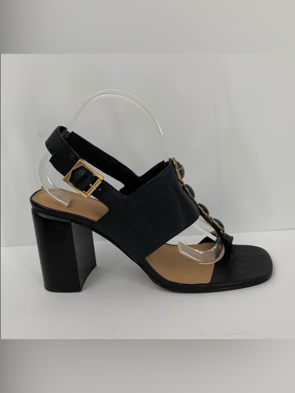 Vince Camuto Corrlen block heel thong sandal black toe ring blue cabochon 11